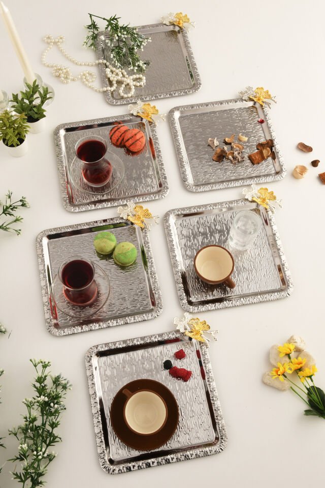 Denver Gümüş Paslanmaz Desenli Kare Köşesi Çift Kelebek Detaylı 6'lı Kahve Çay Sunumluk Servis Tepsi