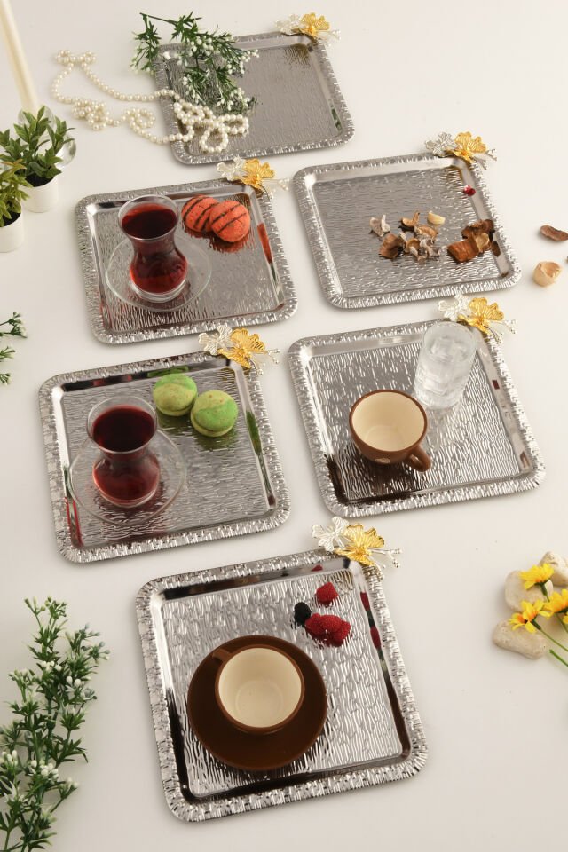 Denver Gümüş Paslanmaz Desenli Kare Köşesi Çift Kelebek Detaylı 6'lı Kahve Çay Sunumluk Servis Tepsi