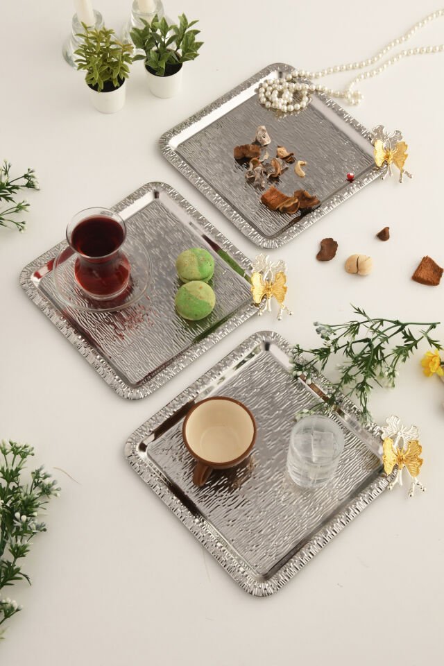 Denver Gümüş Paslanmaz Desenli Kare Köşesi Çift Kelebek Detaylı 3'lü Kahve Çay Sunumluk Servis Tepsi