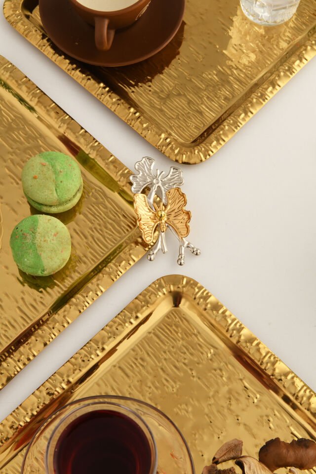 Denver Gold Paslanmaz Desenli Kare Köşesi Çift Kelebek Detaylı 3'lü Kahve Çay Sunumluk Servis Tepsi