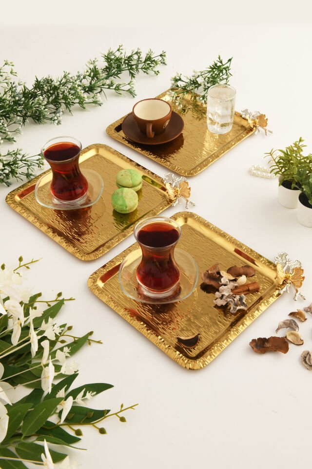 Denver Gold Paslanmaz Desenli Kare Köşesi Çift Kelebek Detaylı 3'lü Kahve Çay Sunumluk Servis Tepsi