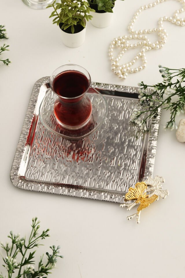 Denver Gümüş Paslanmaz Desenli Kare Köşesi Çift Kelebek Detaylı 1'li Kahve Çay Sunumluk Servis Tepsi