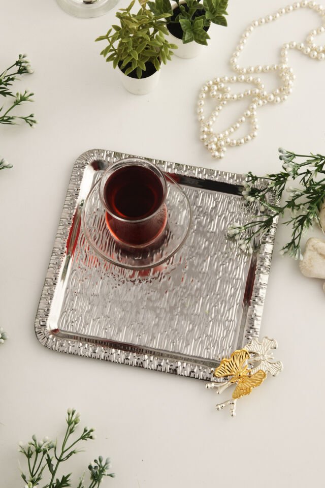 Denver Gümüş Paslanmaz Desenli Kare Köşesi Çift Kelebek Detaylı 1'li Kahve Çay Sunumluk Servis Tepsi