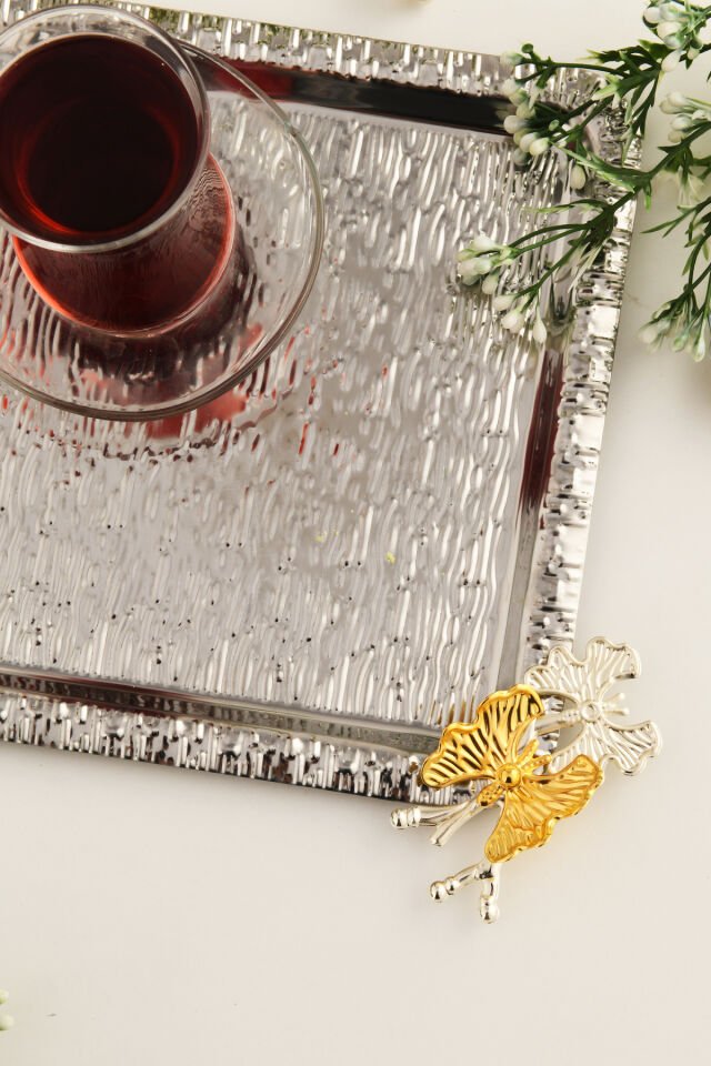 Denver Gümüş Paslanmaz Desenli Kare Köşesi Çift Kelebek Detaylı 1'li Kahve Çay Sunumluk Servis Tepsi