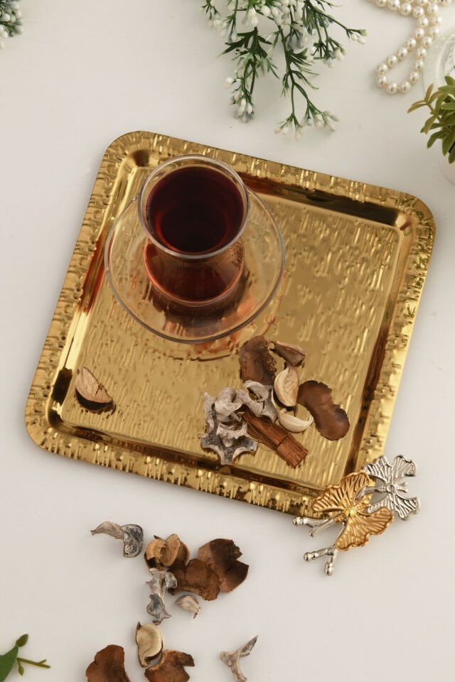 Denver Gold Paslanmaz Desenli Kare Köşesi Çift Kelebek Detaylı 1'li Kahve Çay Sunumluk Servis Tepsi