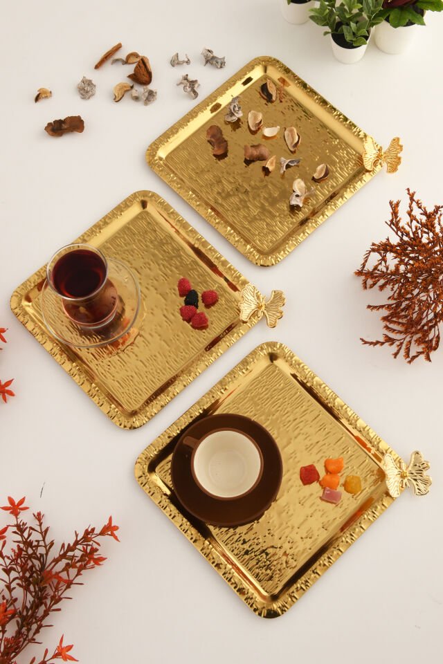Dolce Gold Paslanmaz Desenli Kare Köşesi Tek Kelebek Detaylı 3'lü Kahve Çay Sunumluk Servis Tepsi