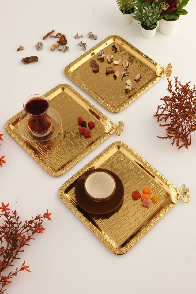 Dolce Gold Paslanmaz Desenli Kare Köşesi Tek Kelebek Detaylı 3'lü Kahve Çay Sunumluk Servis Tepsi