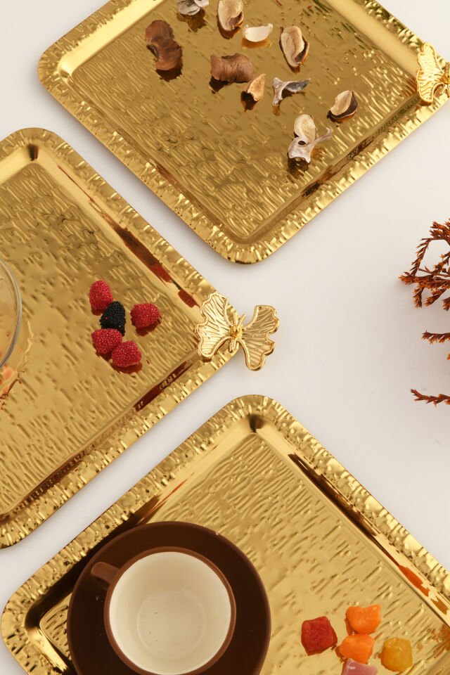 Dolce Gold Paslanmaz Desenli Kare Köşesi Tek Kelebek Detaylı 3'lü Kahve Çay Sunumluk Servis Tepsi