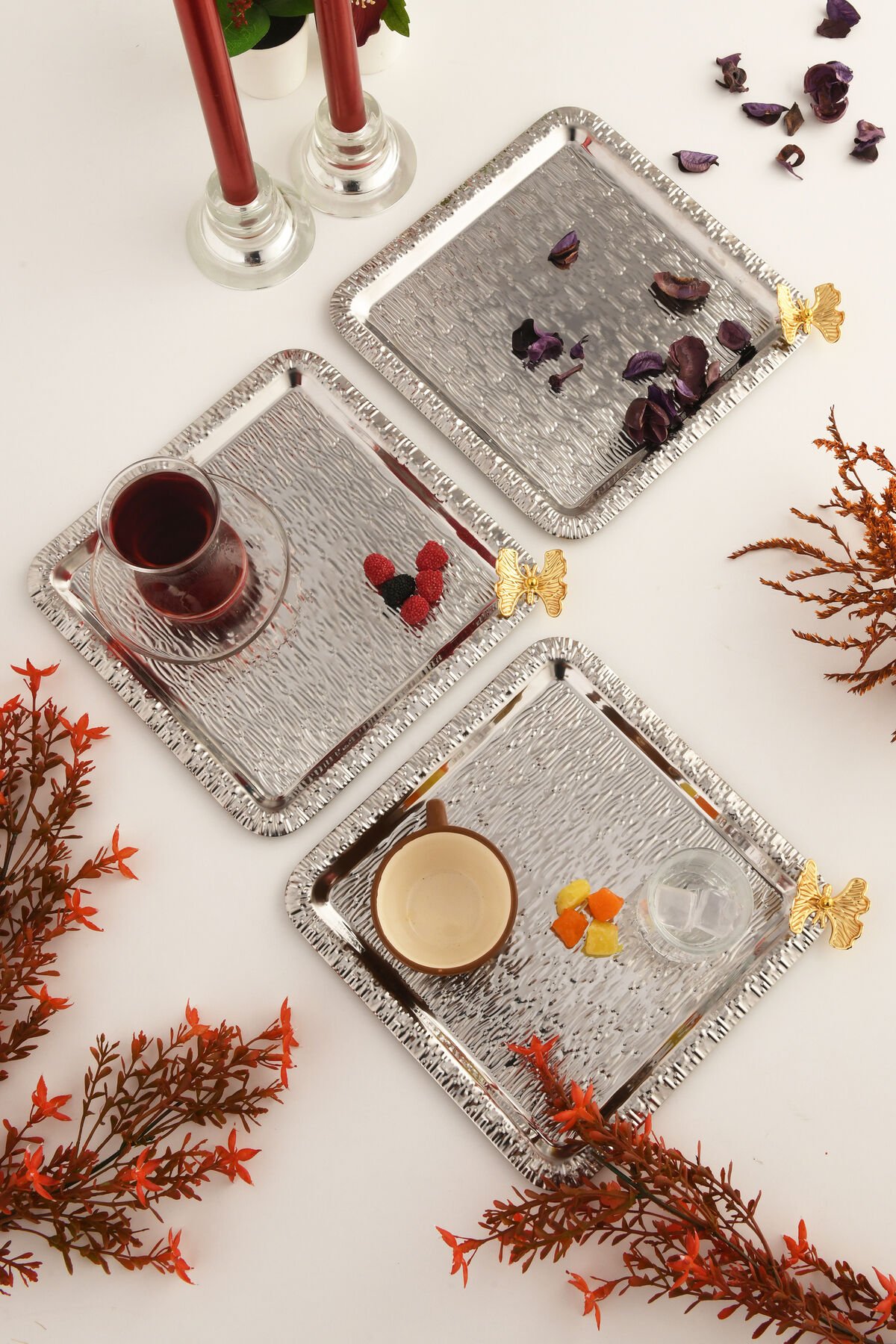 Dolce Gümüş Paslanmaz Desenli Kare Köşesi Tek Kelebek Detaylı 3'lü Kahve Çay Sunumluk Servis Tepsi