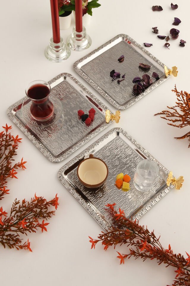 Dolce Gümüş Paslanmaz Desenli Kare Köşesi Tek Kelebek Detaylı 3'lü Kahve Çay Sunumluk Servis Tepsi