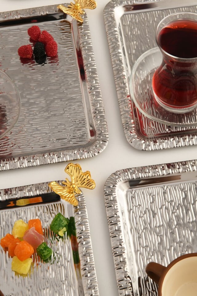 Dolce Gümüş Paslanmaz Desenli Kare Köşesi Tek Kelebek Detaylı 3'lü Kahve Çay Sunumluk Servis Tepsi