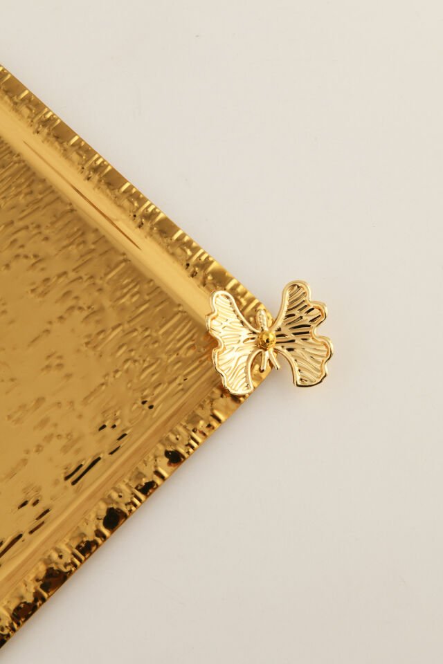 Dolce Gold Paslanmaz Desenli Kare Köşesi Tek Kelebek Detaylı 1'li Kahve Çay Sunumluk Servis Tepsi
