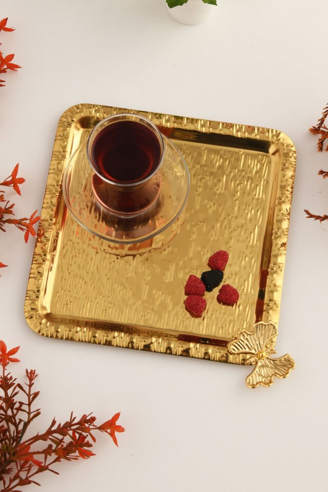 Dolce Gold Paslanmaz Desenli Kare Köşesi Tek Kelebek Detaylı 1'li Kahve Çay Sunumluk Servis Tepsi