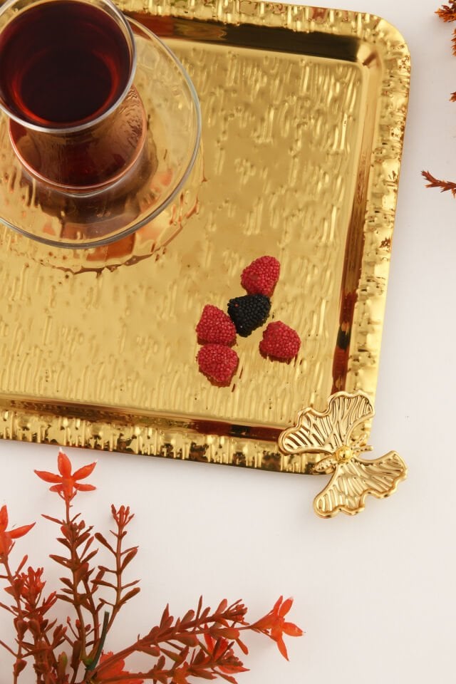 Dolce Gold Paslanmaz Desenli Kare Köşesi Tek Kelebek Detaylı 1'li Kahve Çay Sunumluk Servis Tepsi
