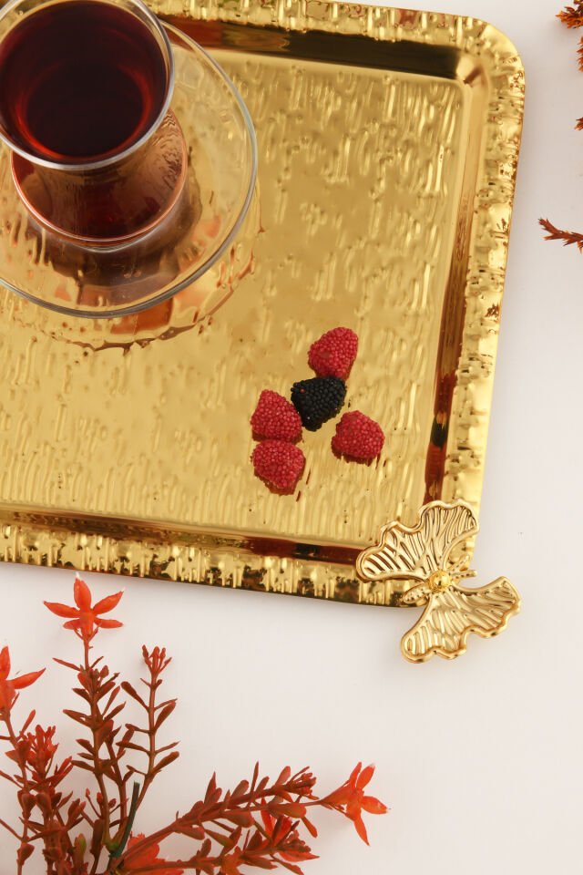 Dolce Gold Paslanmaz Desenli Kare Köşesi Tek Kelebek Detaylı 1'li Kahve Çay Sunumluk Servis Tepsi