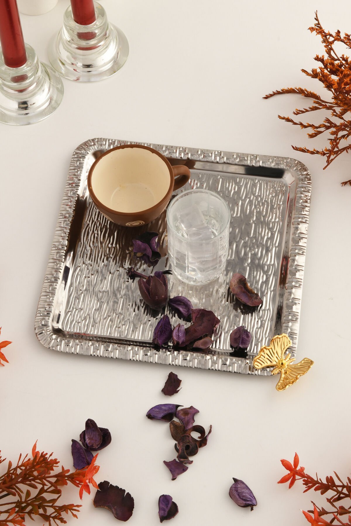 Dolce Gümüş Paslanmaz Desenli Kare Köşesi Tek Kelebek Detaylı 1'li Kahve Çay Sunumluk Servis Tepsi