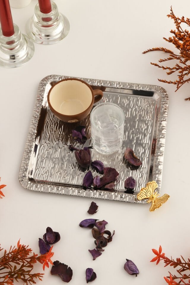 Dolce Gümüş Paslanmaz Desenli Kare Köşesi Tek Kelebek Detaylı 1'li Kahve Çay Sunumluk Servis Tepsi