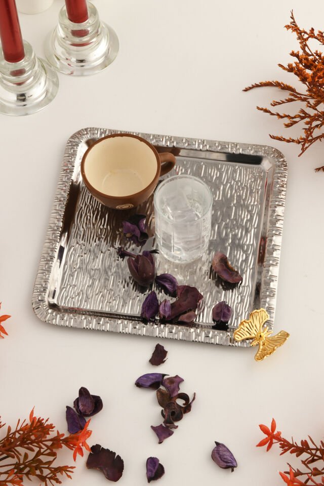 Dolce Gümüş Paslanmaz Desenli Kare Köşesi Tek Kelebek Detaylı 1'li Kahve Çay Sunumluk Servis Tepsi