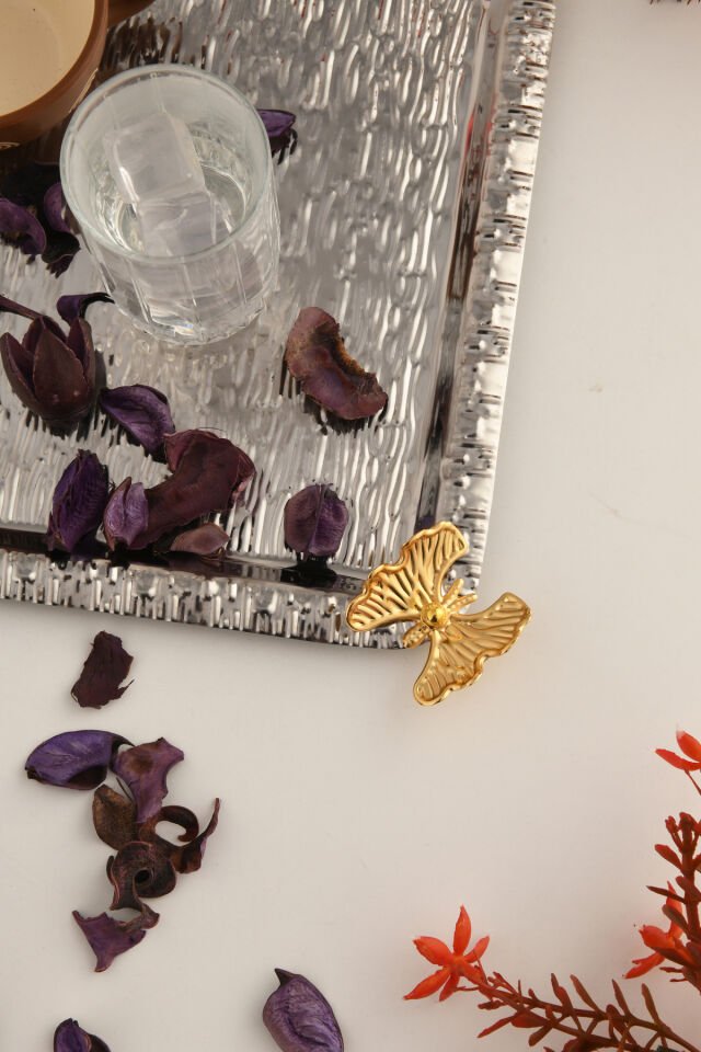 Dolce Gümüş Paslanmaz Desenli Kare Köşesi Tek Kelebek Detaylı 1'li Kahve Çay Sunumluk Servis Tepsi