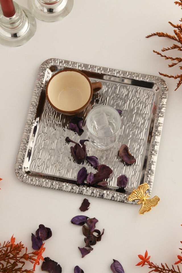 Dolce Gümüş Paslanmaz Desenli Kare Köşesi Tek Kelebek Detaylı 1'li Kahve Çay Sunumluk Servis Tepsi