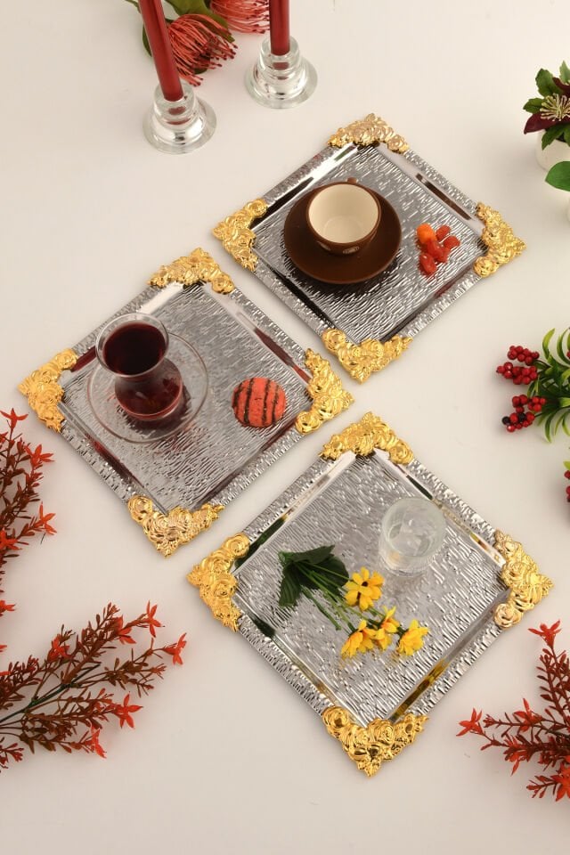 Rio Gümüş Paslanmaz Desenli Kare Köşesi Gold Çiçek Detaylı 3'lü Kahve Çay Sunumluk Servis Tepsi