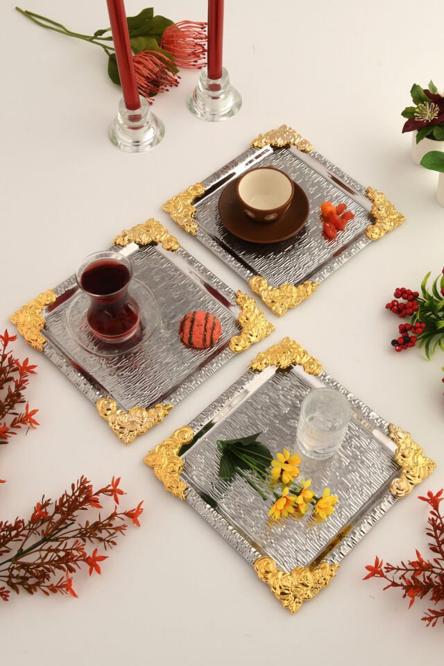 Rio Gümüş Paslanmaz Desenli Kare Köşesi Gold Çiçek Detaylı 3'lü Kahve Çay Sunumluk Servis Tepsi