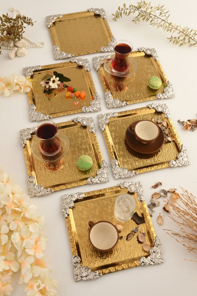 Rio Gold Paslanmaz Desenli Kare Köşesi Gümüş Çiçek Detaylı 6'lı Kahve Çay Sunumluk Servis Tepsi