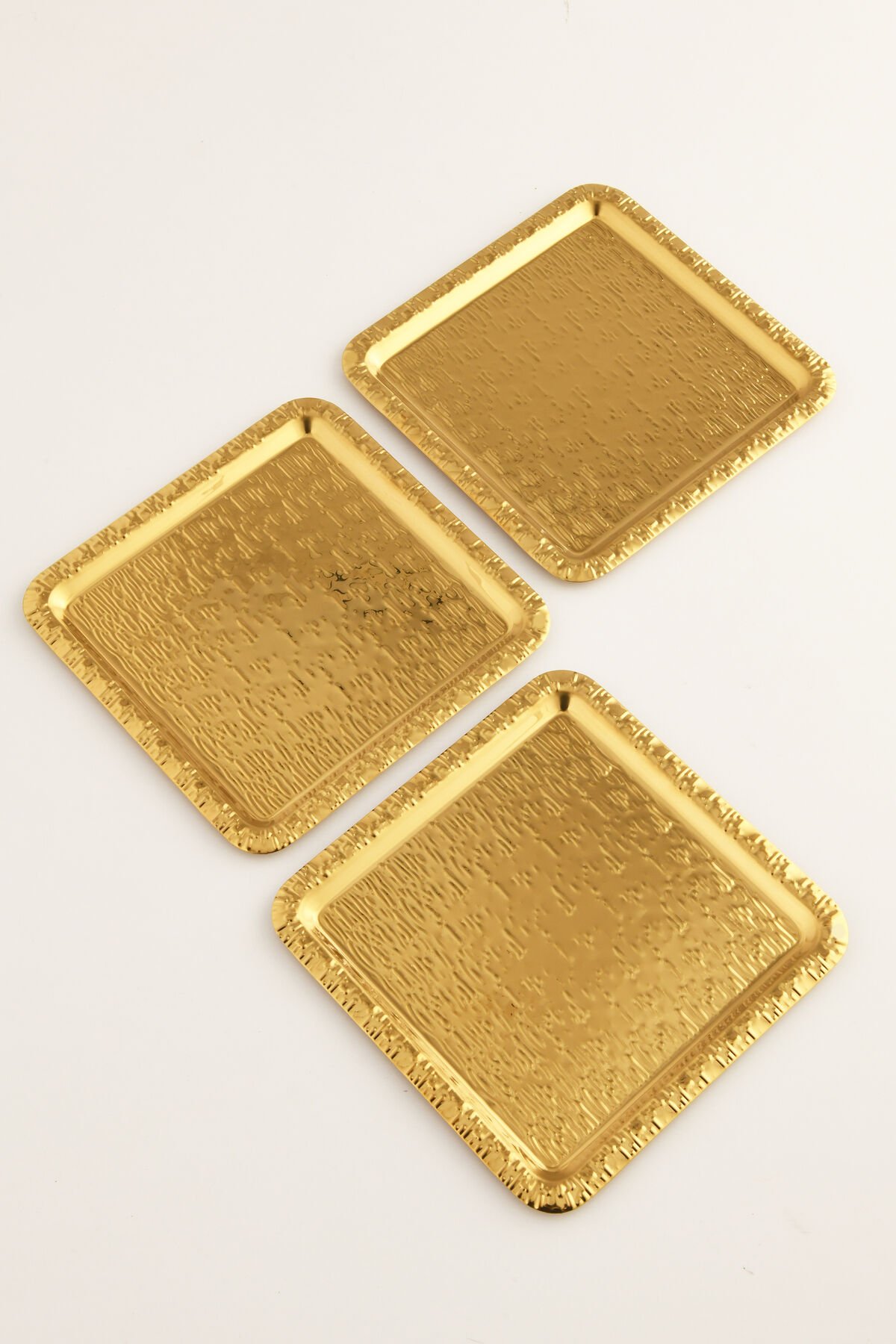 Alora Gold Paslanmaz Desenli Kare 3'lü Kahve Çay Sunumluk Servis Tepsi