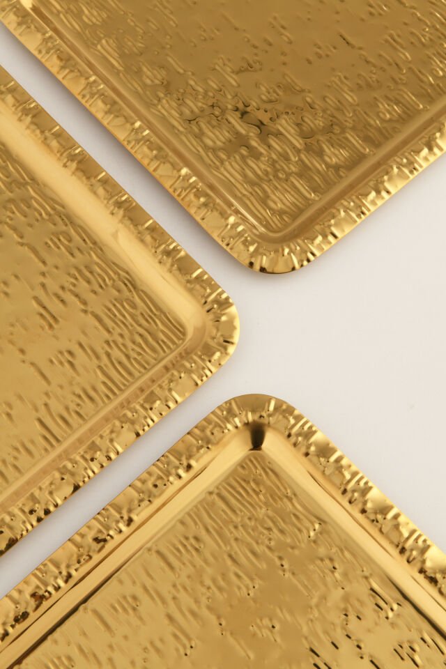 Alora Gold Paslanmaz Desenli Kare 3'lü Kahve Çay Sunumluk Servis Tepsi