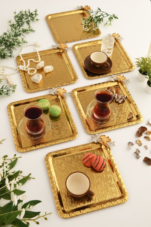 Denver Gold Paslanmaz Desenli Kare Köşesi Çift Kelebek Detaylı 6'lı Kahve Çay Sunumluk Servis Tepsi