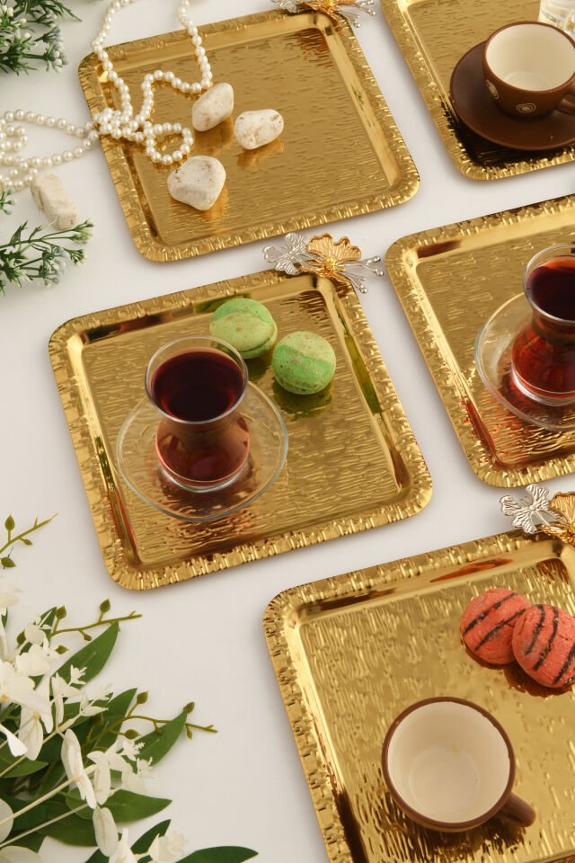 Denver Gold Paslanmaz Desenli Kare Köşesi Çift Kelebek Detaylı 6'lı Kahve Çay Sunumluk Servis Tepsi