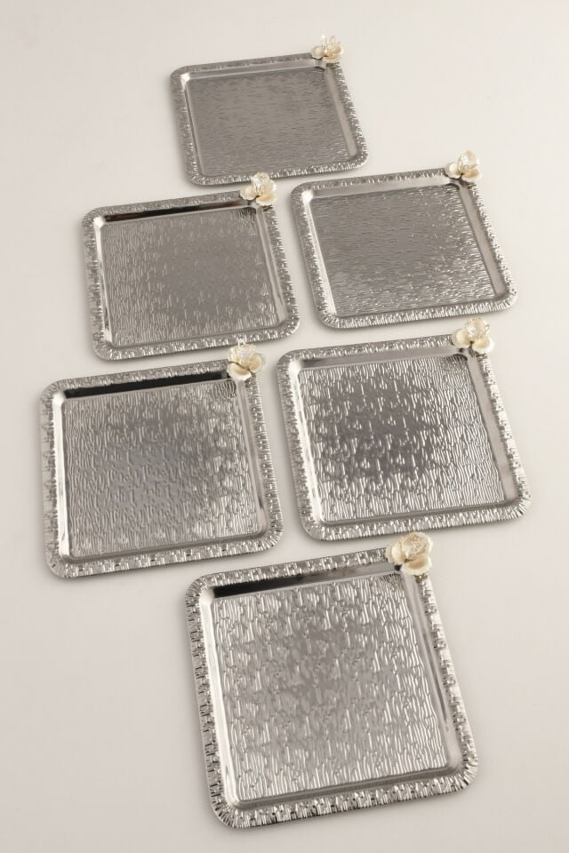 Berlin Gümüş Paslanmaz Desenli Kare Köşesi Taş Detaylı 6'lı Kahve Çay Sunumluk Servis Tepsi