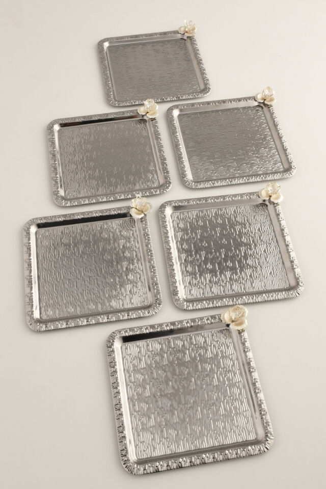 Berlin Gümüş Paslanmaz Desenli Kare Köşesi Taş Detaylı 6'lı Kahve Çay Sunumluk Servis Tepsi