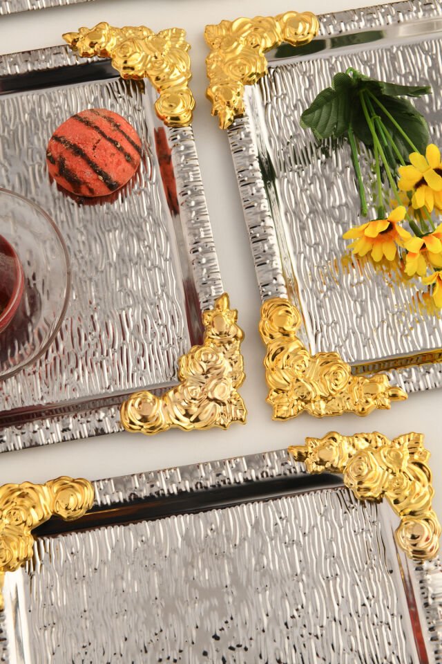 Rio Gümüş Paslanmaz Desenli Kare Köşesi Gold Çiçek Detaylı 6'lı Kahve Çay Sunumluk Servis Tepsi