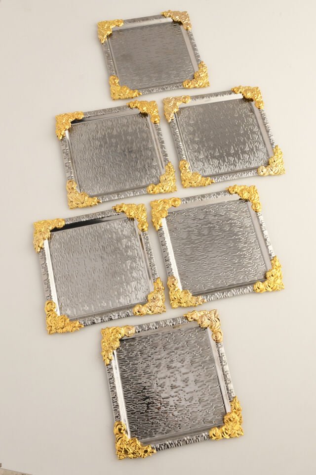 Rio Gümüş Paslanmaz Desenli Kare Köşesi Gold Çiçek Detaylı 6'lı Kahve Çay Sunumluk Servis Tepsi