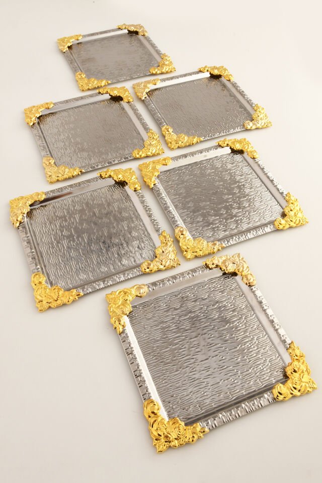 Rio Gümüş Paslanmaz Desenli Kare Köşesi Gold Çiçek Detaylı 6'lı Kahve Çay Sunumluk Servis Tepsi