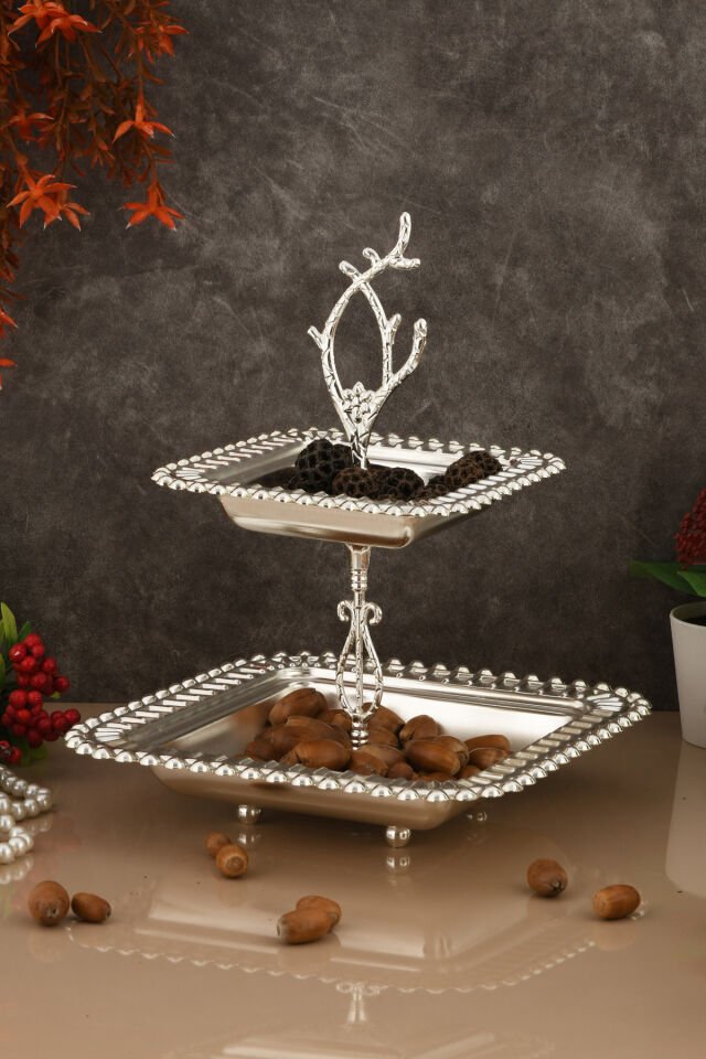 Melis Lüks Gümüş Paslanmaz Metal Sunum ve Servis Tepsisi Dekoratif Ayaklı İki Katlı İkramlık Tepsi