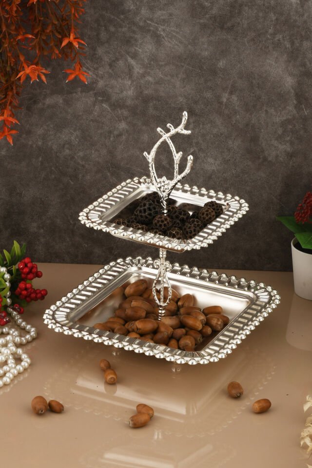 Melis Lüks Gümüş Paslanmaz Metal Sunum ve Servis Tepsisi Dekoratif Ayaklı İki Katlı İkramlık Tepsi