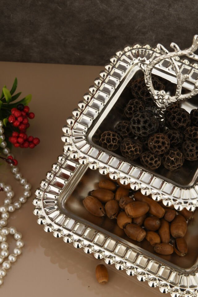 Melis Lüks Gümüş Paslanmaz Metal Sunum ve Servis Tepsisi Dekoratif Ayaklı İki Katlı İkramlık Tepsi