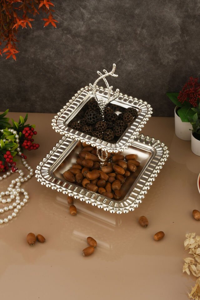 Melis Lüks Gümüş Paslanmaz Metal Sunum ve Servis Tepsisi Dekoratif Ayaklı İki Katlı İkramlık Tepsi