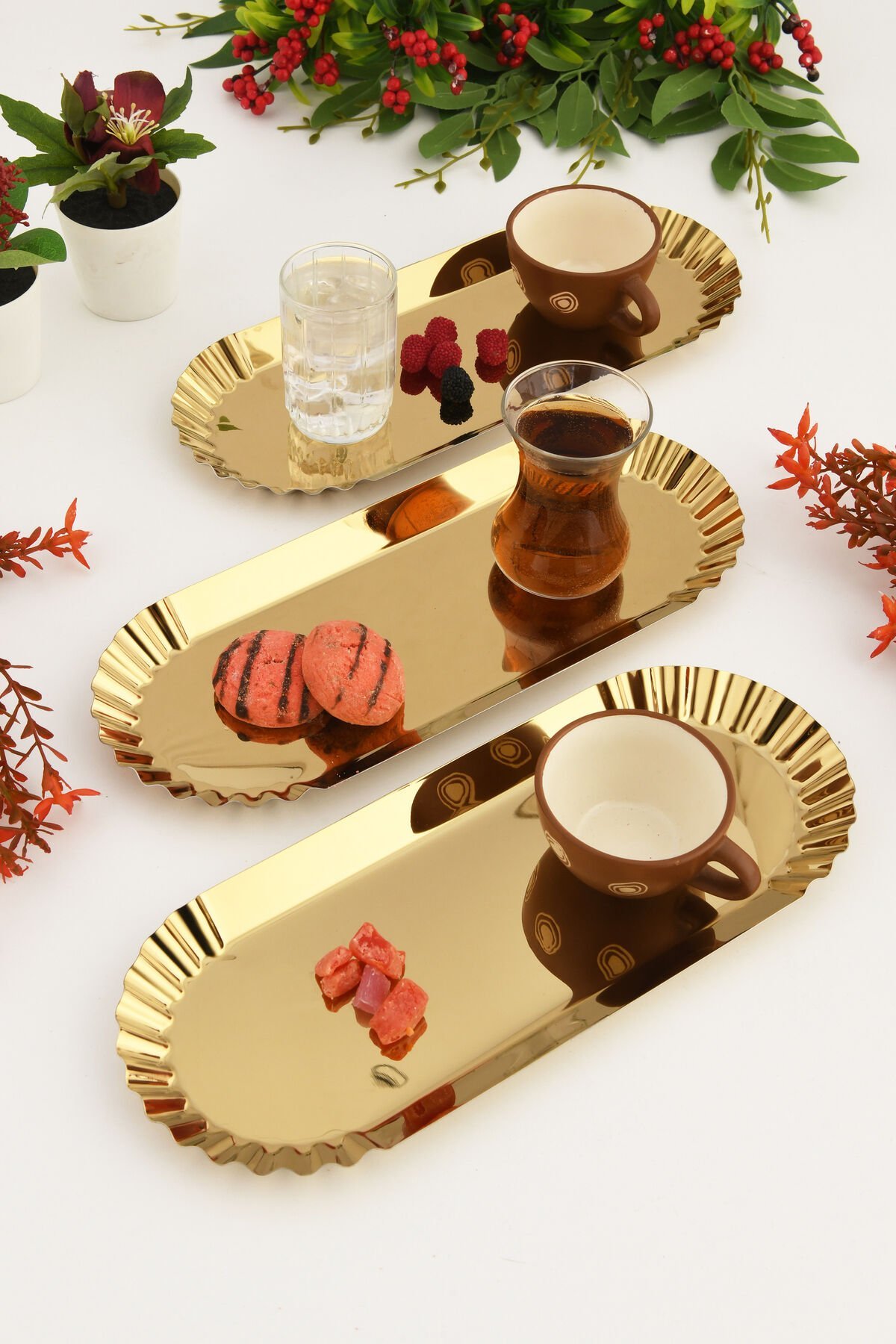 Davin Gold 3'lü Dekoratif Paslanmaz Oval Kenarları Tırtıklı Özel Sunum Tepsisi