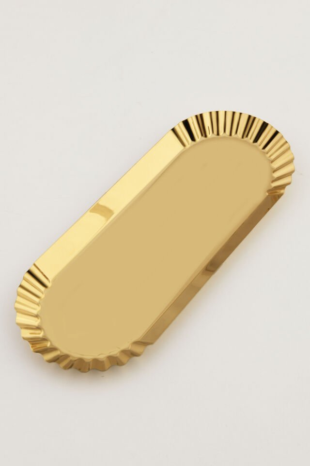 Davin Gold Tekli Dekoratif Paslanmaz Oval Kenarları Tırtıklı Özel Sunum Tepsisi