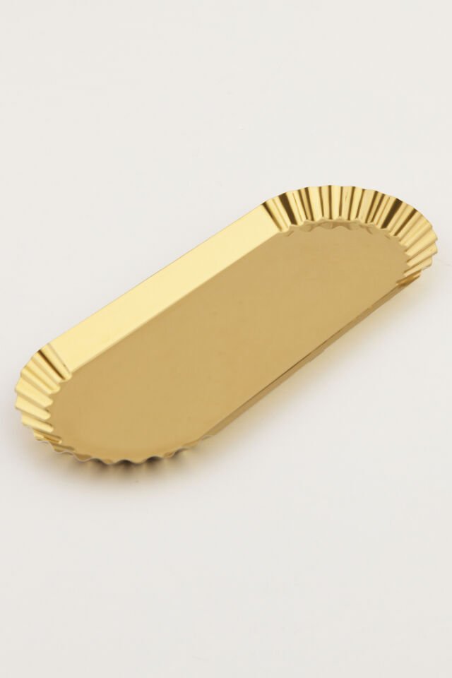 Davin Gold Tekli Dekoratif Paslanmaz Oval Kenarları Tırtıklı Özel Sunum Tepsisi