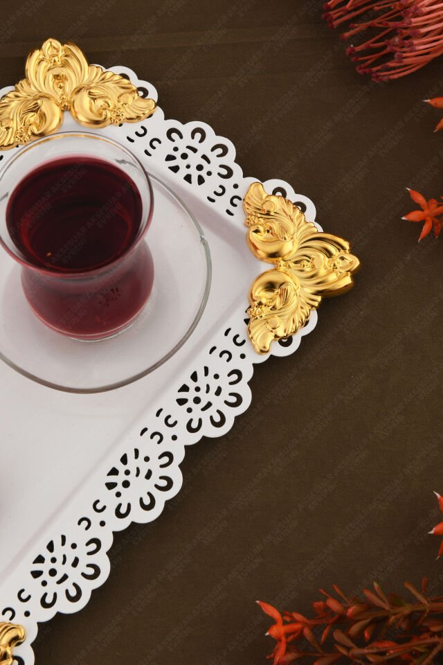 ORO Beyaz Dantel Kenarlı Oyma Detaylı Dikdörtgen Dekoratif Sunum Tepsisi