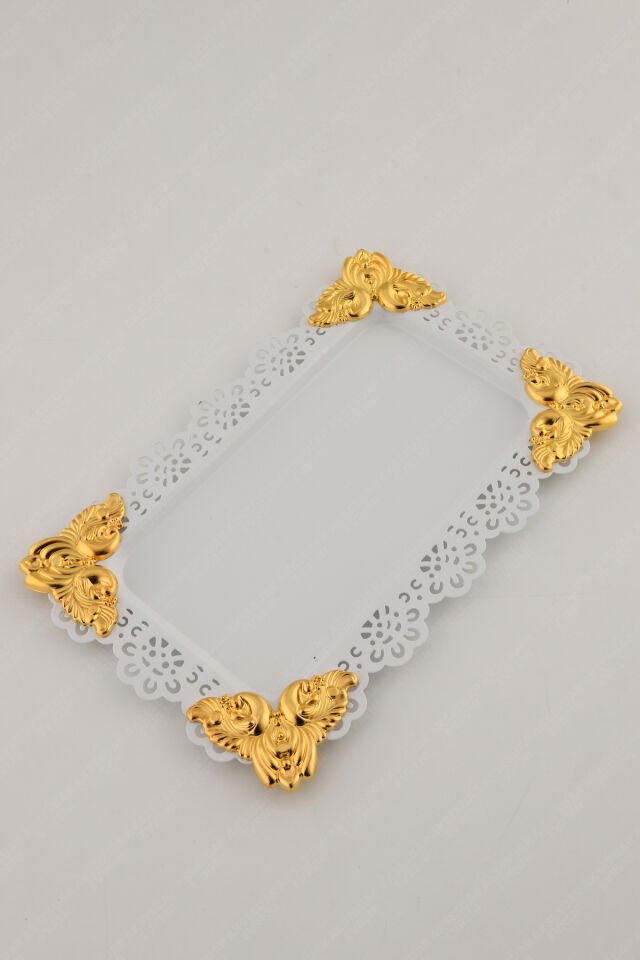 ORO Beyaz Dantel Kenarlı Oyma Detaylı Dikdörtgen Dekoratif Sunum Tepsisi