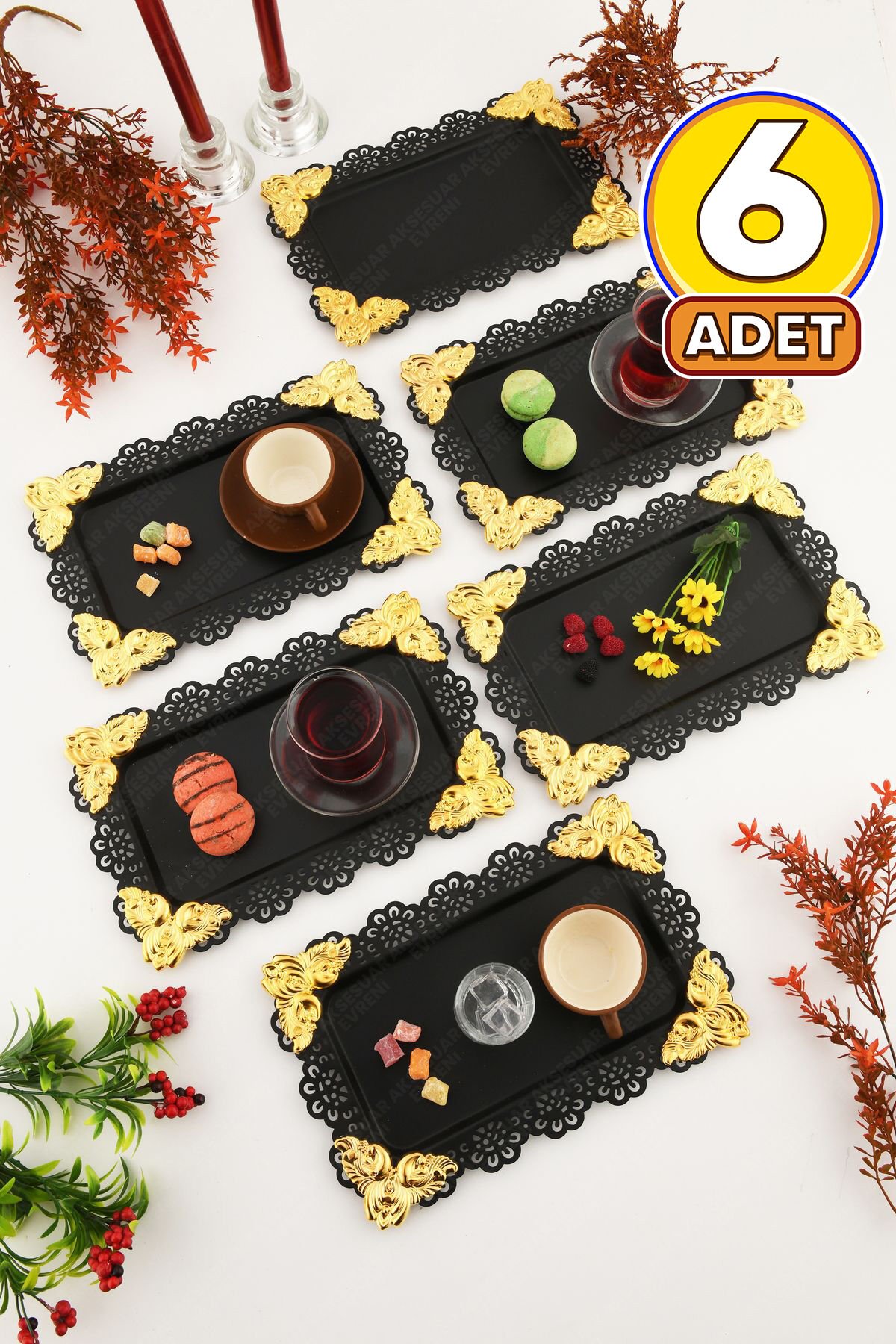 ORO Siyah Dantel Kenarlı Oyma Detaylı Dikdörtgen 6'lı Dekoratif Sunum Tepsisi