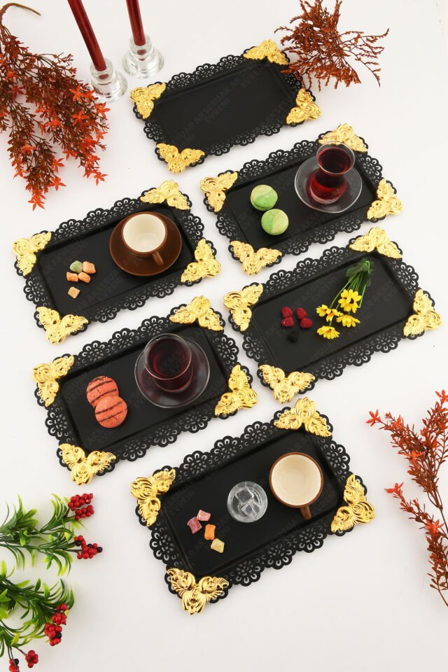 ORO Siyah Dantel Kenarlı Oyma Detaylı Dikdörtgen 6'lı Dekoratif Sunum Tepsisi