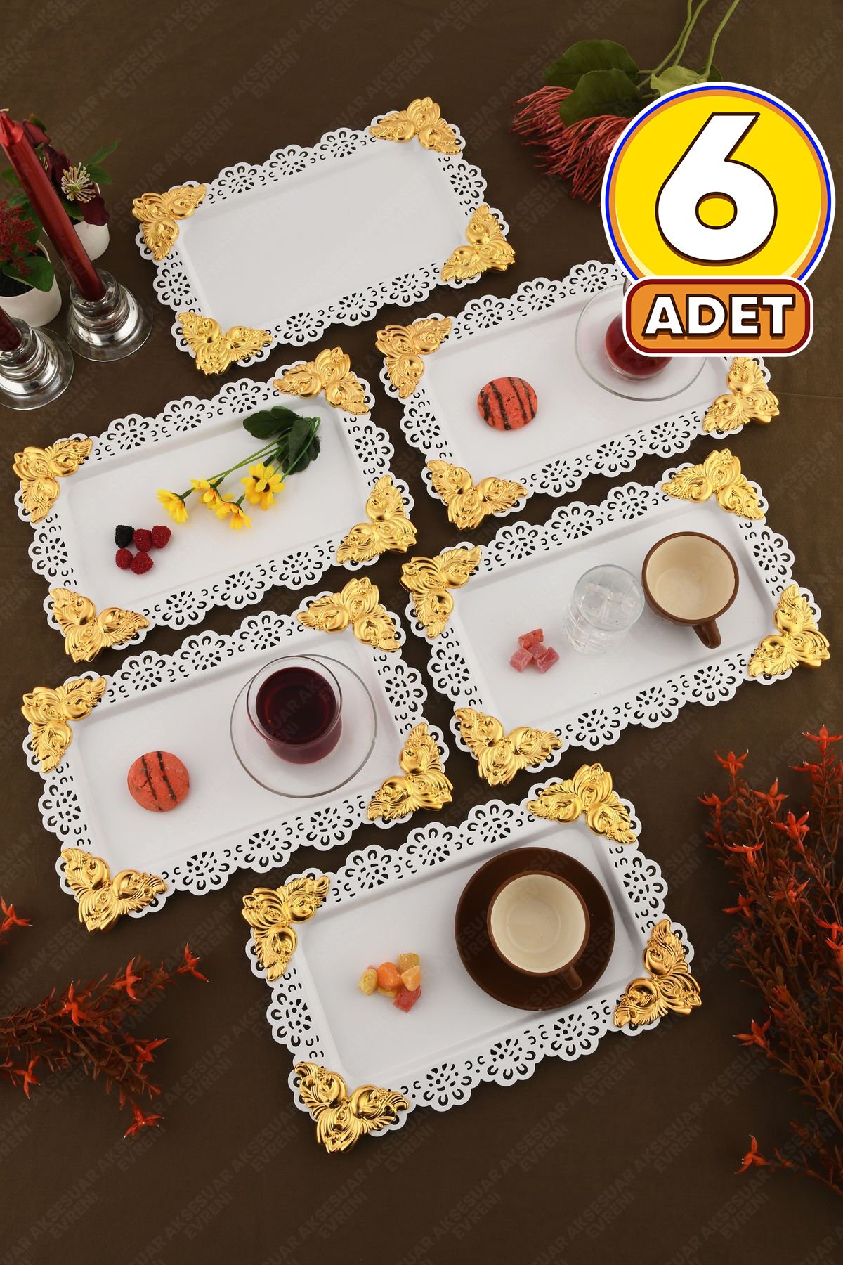 ORO Beyaz Dantel Kenarlı Oyma Detaylı Dikdörtgen 6'lı Dekoratif Sunum Tepsisi