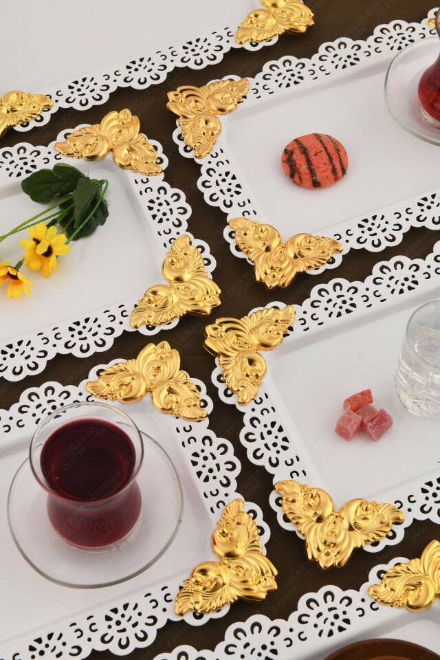 ORO Beyaz Dantel Kenarlı Oyma Detaylı Dikdörtgen 6'lı Dekoratif Sunum Tepsisi