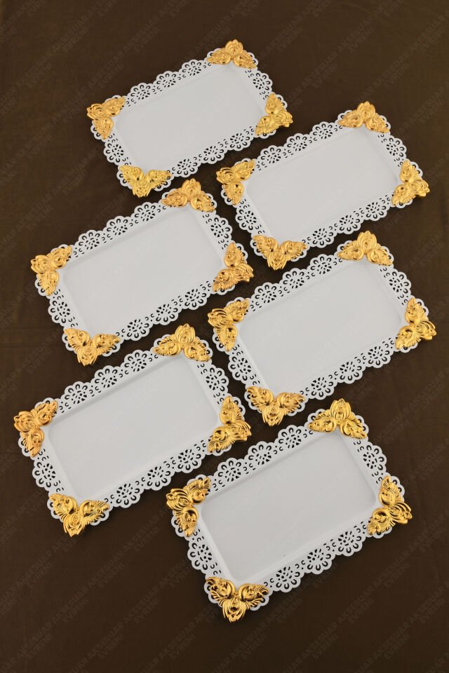 ORO Beyaz Dantel Kenarlı Oyma Detaylı Dikdörtgen 6'lı Dekoratif Sunum Tepsisi